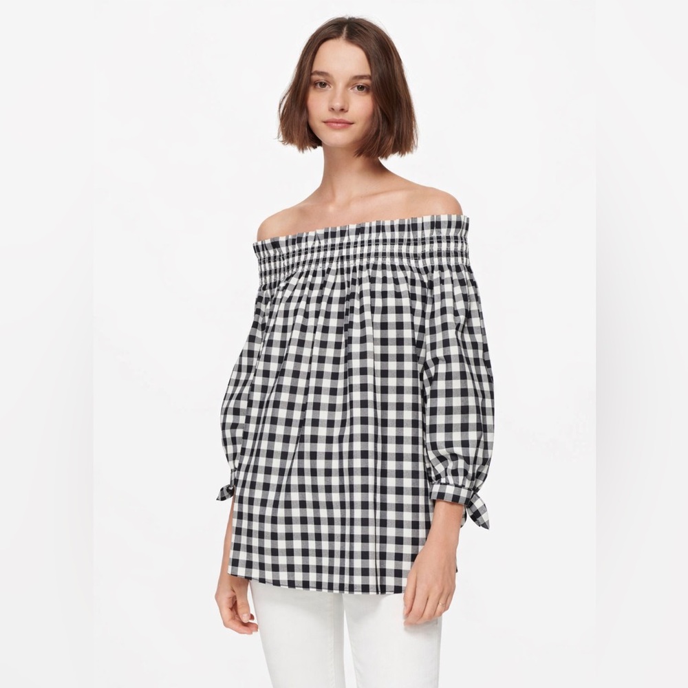 Kate Spade Gingham Off Shoulder Top Black White Cotton Smocked Medium